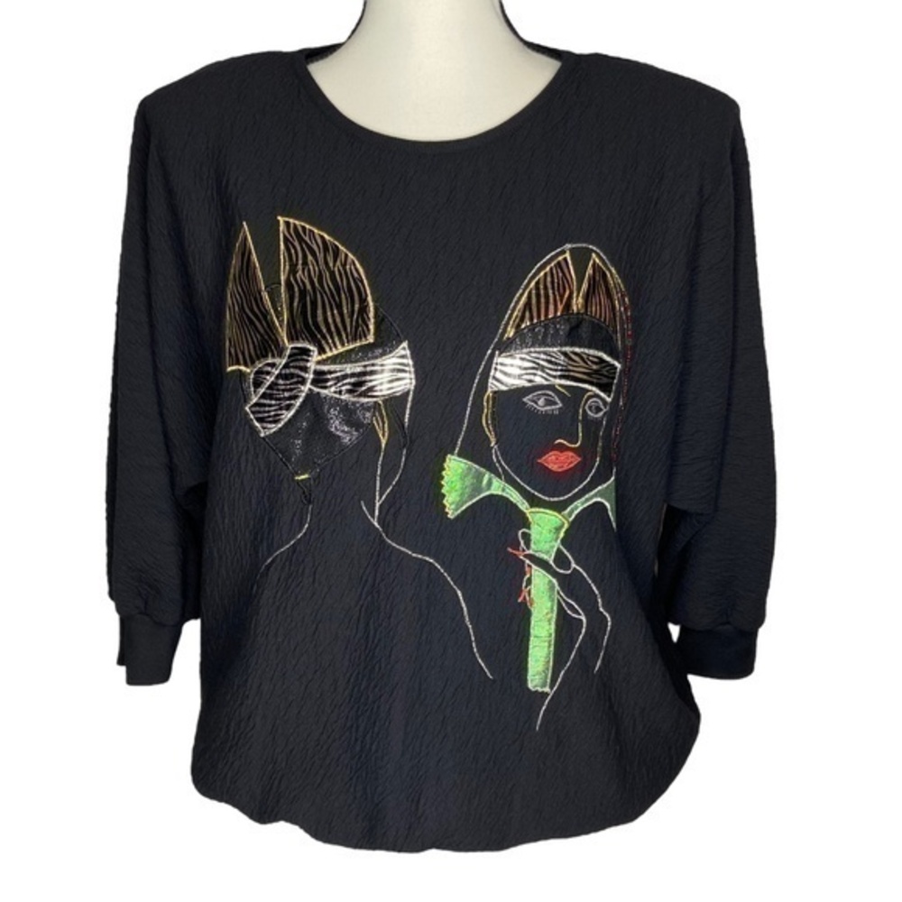Vintage 80s Rafael Top Black Textured Embroidered Dolman Sleeve Size S